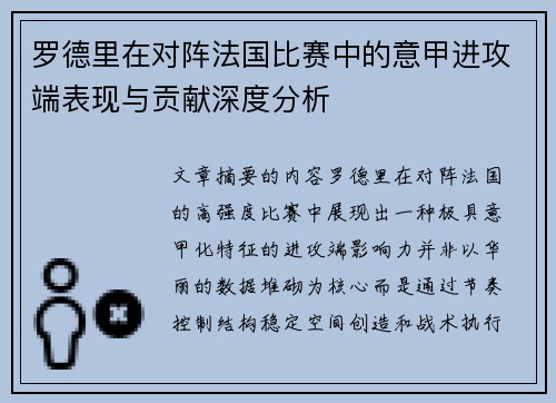 罗德里在对阵法国比赛中的意甲进攻端表现与贡献深度分析 罗德里在对阵法国比赛中的意甲进攻端表现与贡献深度分析